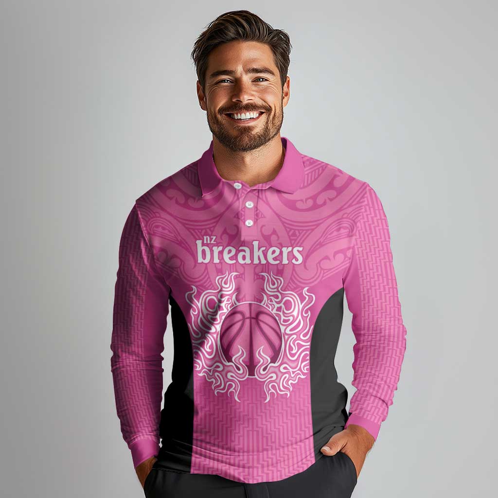 New Zealand Custom Long Sleeve Polo Shirt Fire Basketball Maori Tribal Pink - Aussie Hoodie