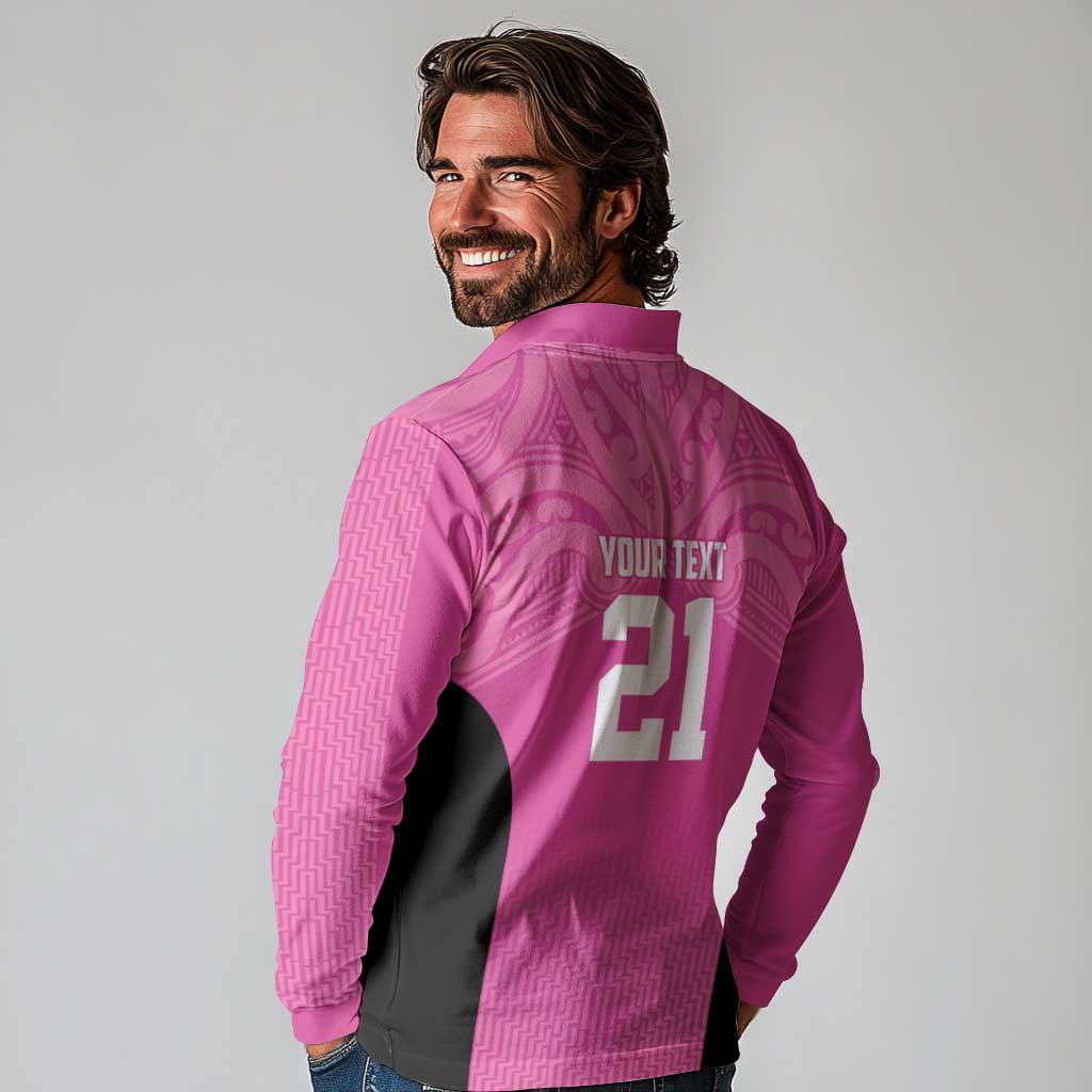 New Zealand Custom Long Sleeve Polo Shirt Fire Basketball Maori Tribal Pink - Aussie Hoodie