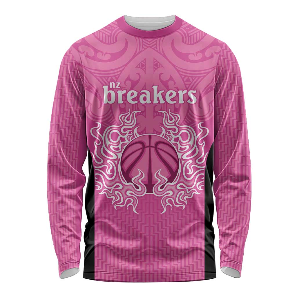 New Zealand Custom Long Sleeve Shirt Fire Basketball Maori Tribal Pink - Aussie Hoodie