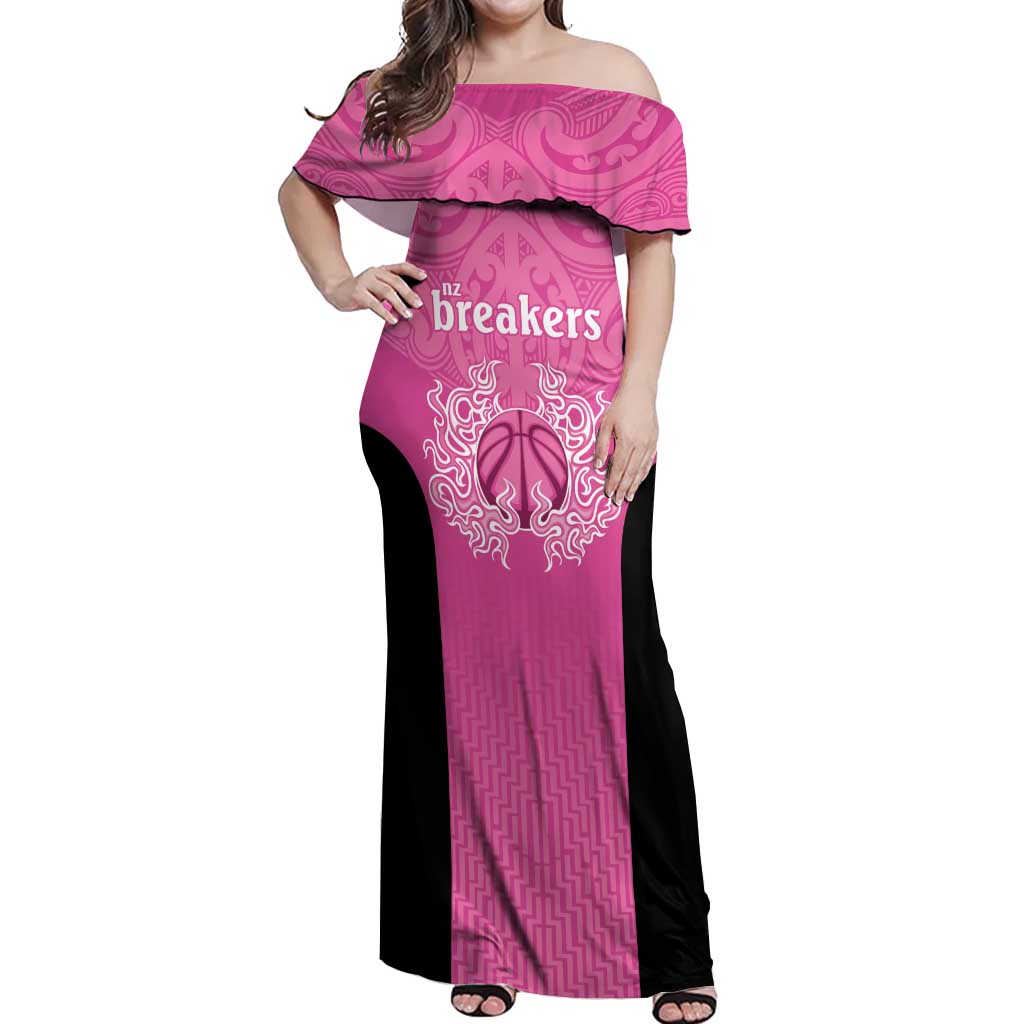 New Zealand Custom Off Shoulder Maxi Dress Fire Basketball Maori Tribal Pink - Aussie Hoodie
