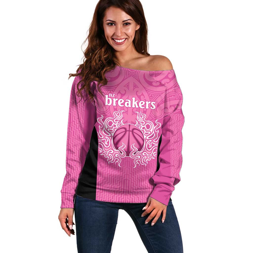 New Zealand Custom Off Shoulder Sweater Fire Basketball Maori Tribal Pink - Aussie Hoodie