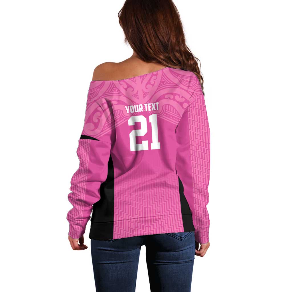 New Zealand Custom Off Shoulder Sweater Fire Basketball Maori Tribal Pink - Aussie Hoodie