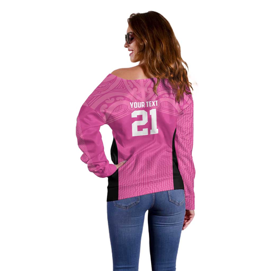 New Zealand Custom Off Shoulder Sweater Fire Basketball Maori Tribal Pink - Aussie Hoodie