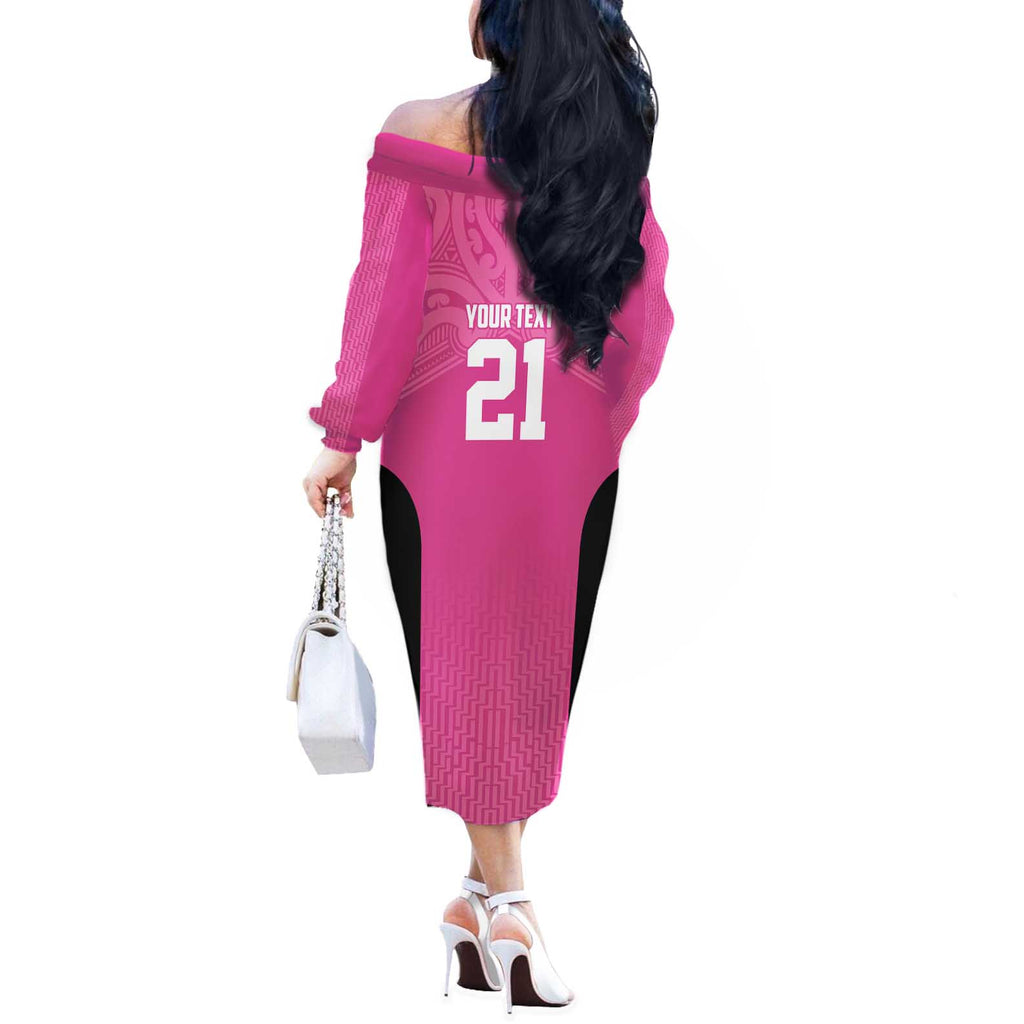 New Zealand Custom Off The Shoulder Long Sleeve Dress Fire Basketball Maori Tribal Pink - Aussie Hoodie