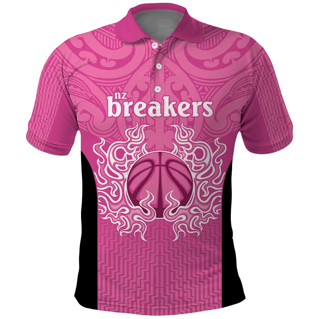 New Zealand Custom Polo Shirt Fire Basketball Maori Tribal Pink - Aussie Hoodie