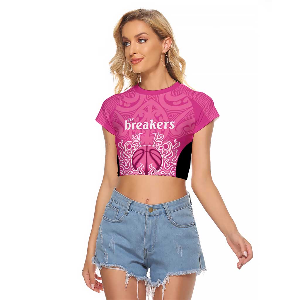 New Zealand Custom Raglan Cropped T Shirt Fire Basketball Maori Tribal Pink - Aussie Hoodie
