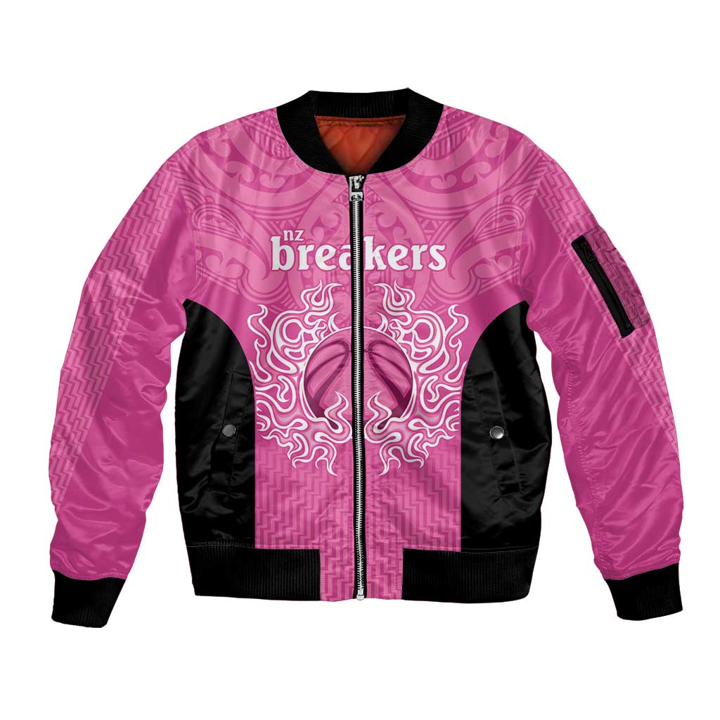 New Zealand Custom Sleeve Zip Bomber Jacket Fire Basketball Maori Tribal Pink - Aussie Hoodie