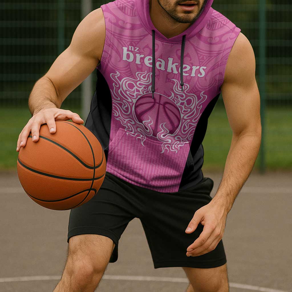 New Zealand Custom Sleeveless Hoodie Fire Basketball Maori Tribal Pink - Aussie Hoodie