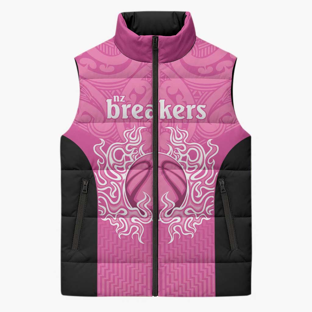 New Zealand Custom Sleeveless Puffer Jacket Fire Basketball Maori Tribal Pink - Aussie Hoodie