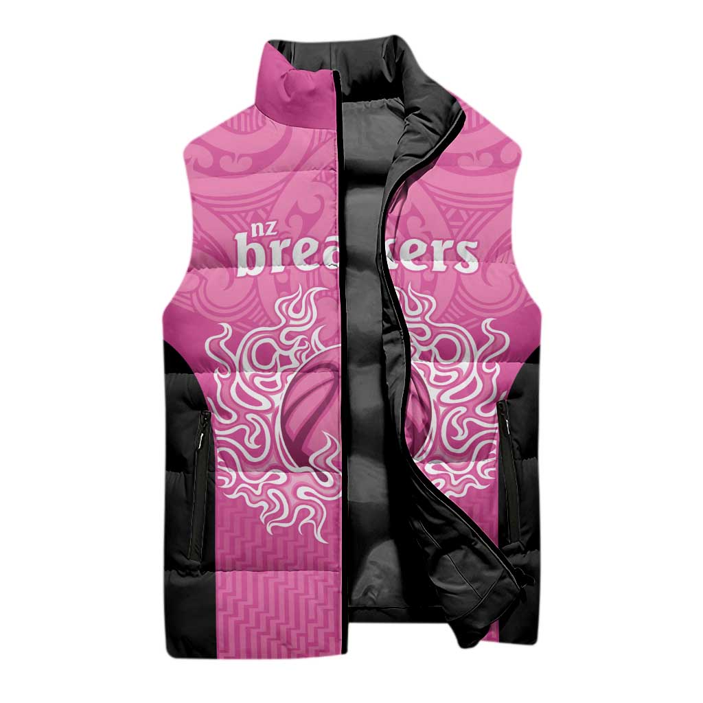 New Zealand Custom Sleeveless Puffer Jacket Fire Basketball Maori Tribal Pink - Aussie Hoodie