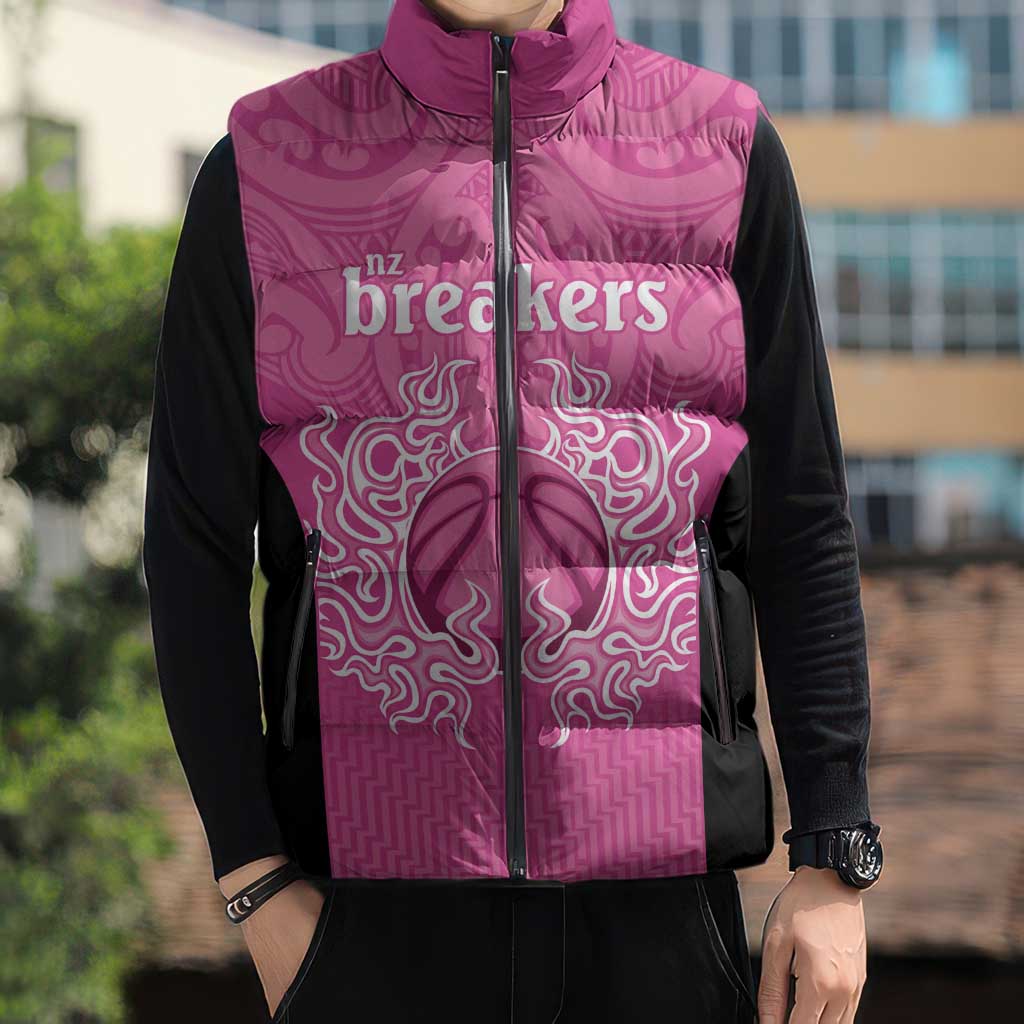 New Zealand Custom Sleeveless Puffer Jacket Fire Basketball Maori Tribal Pink - Aussie Hoodie