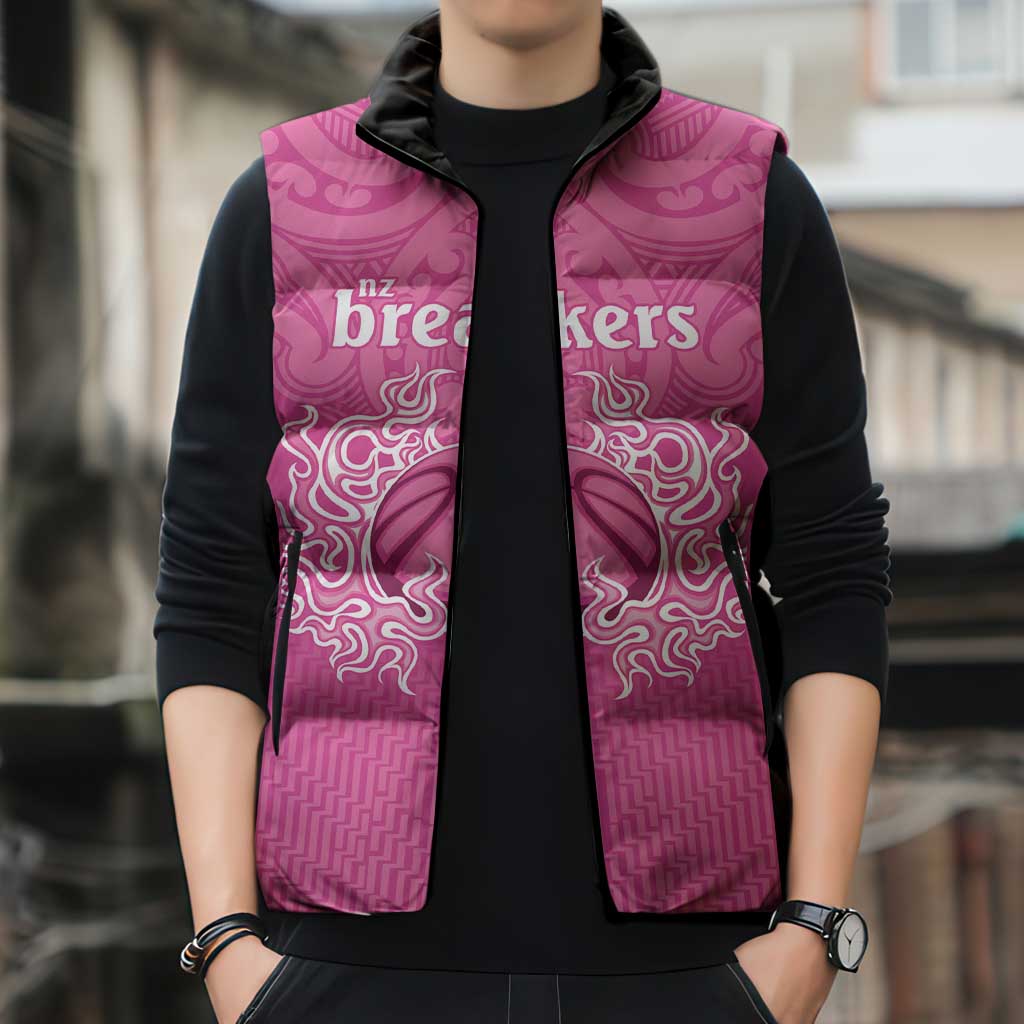 New Zealand Custom Sleeveless Puffer Jacket Fire Basketball Maori Tribal Pink - Aussie Hoodie