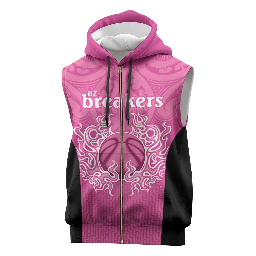 New Zealand Custom Sleeveless Zip Hoodie Fire Basketball Maori Tribal Pink - Aussie Hoodie