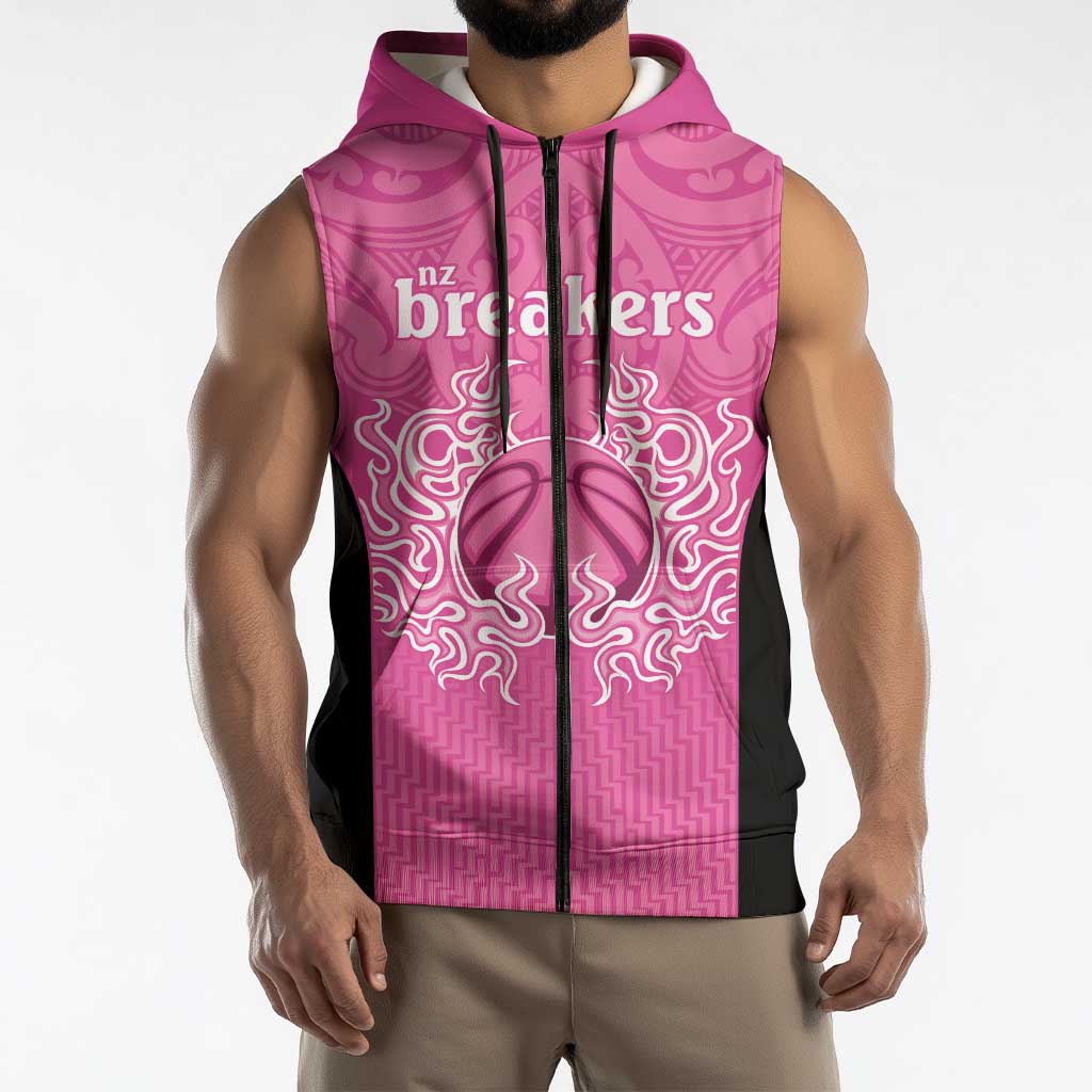 New Zealand Custom Sleeveless Zip Hoodie Fire Basketball Maori Tribal Pink LT9