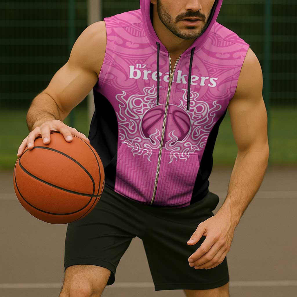 New Zealand Custom Sleeveless Zip Hoodie Fire Basketball Maori Tribal Pink - Aussie Hoodie