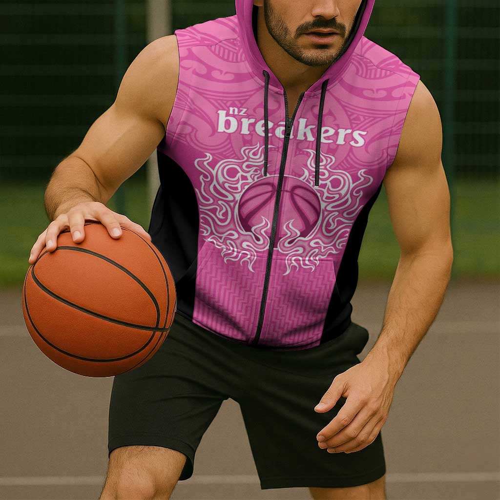 New Zealand Custom Sleeveless Zip Hoodie Fire Basketball Maori Tribal Pink LT9