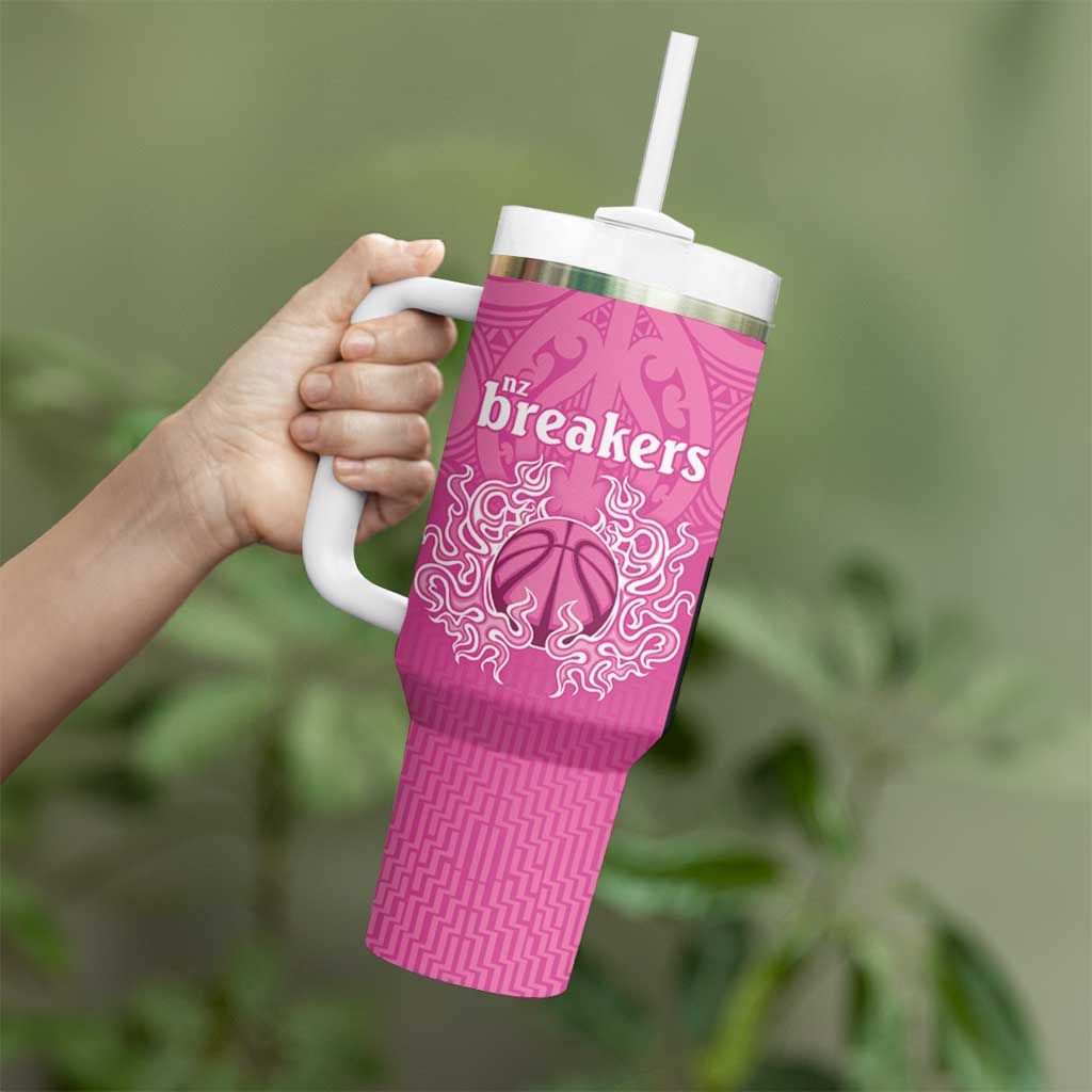 New Zealand Custom Tumbler With Handle Fire Basketball Maori Tribal Pink - Aussie Hoodie
