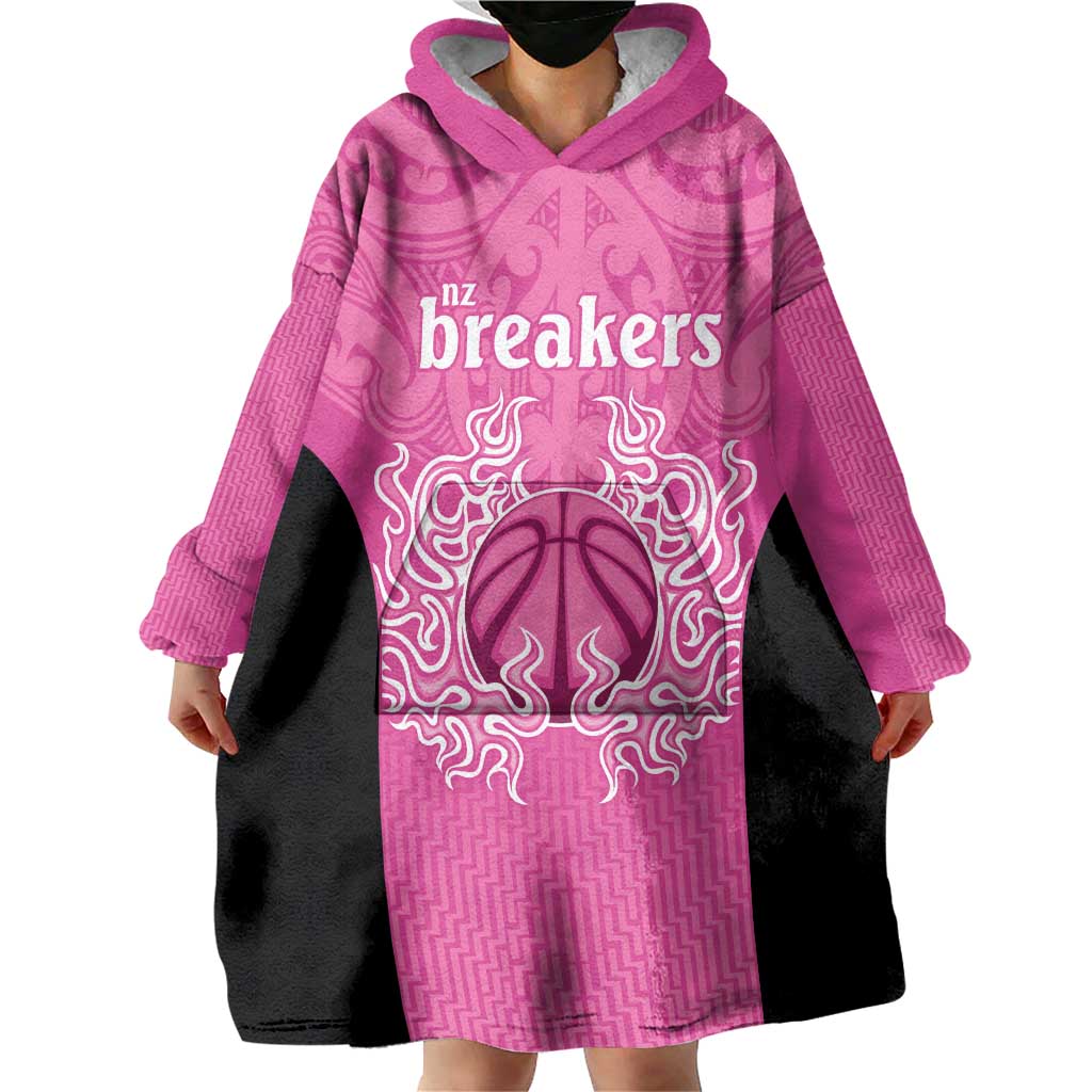 New Zealand Custom Wearable Blanket Hoodie Fire Basketball Maori Tribal Pink - Aussie Hoodie