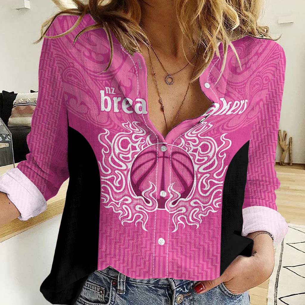 New Zealand Custom Women Casual Shirt Fire Basketball Maori Tribal Pink - Aussie Hoodie