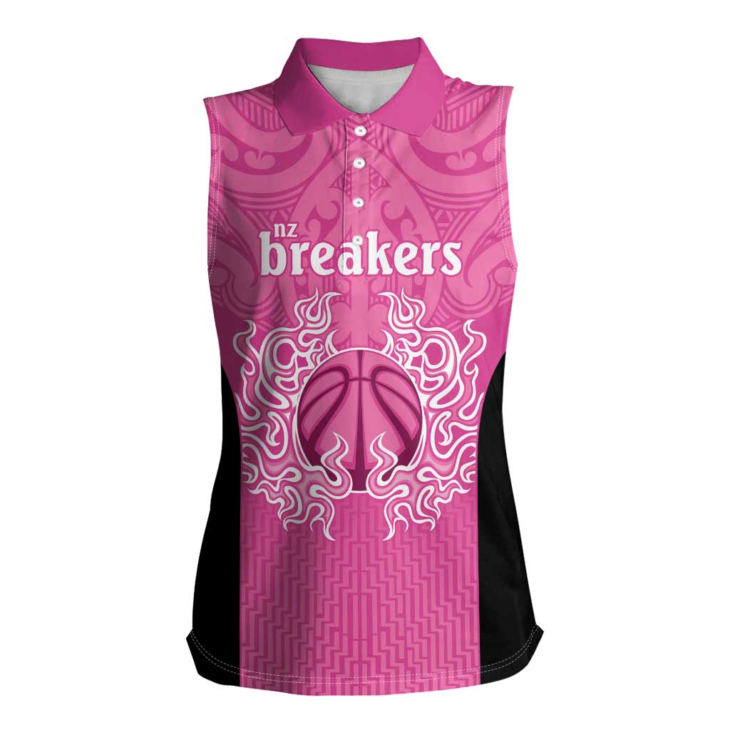 New Zealand Custom Women Sleeveless Polo Shirt Fire Basketball Maori Tribal Pink - Aussie Hoodie