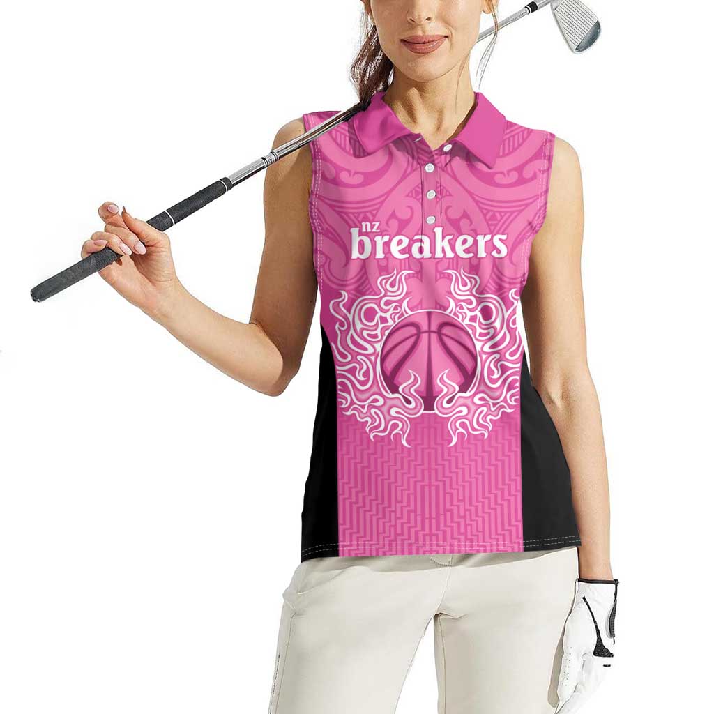 New Zealand Custom Women Sleeveless Polo Shirt Fire Basketball Maori Tribal Pink - Aussie Hoodie