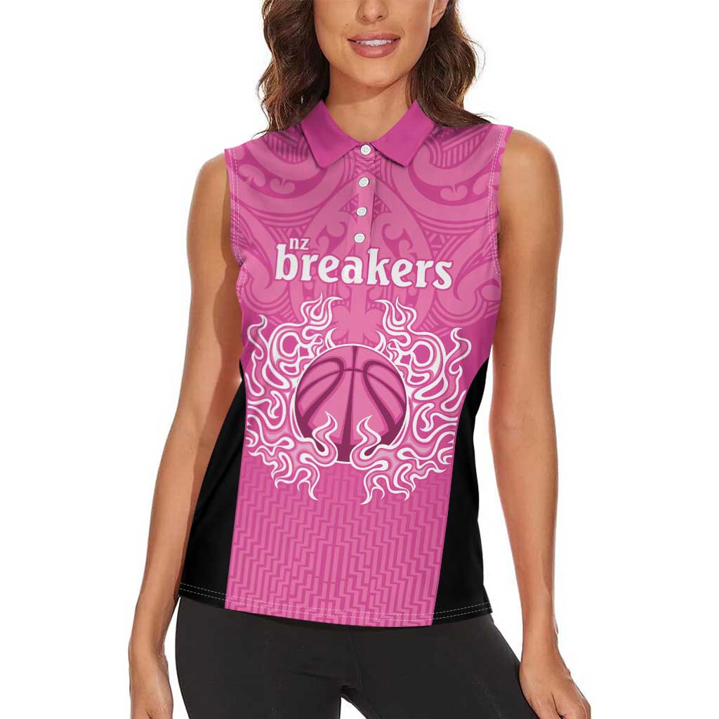 New Zealand Custom Women Sleeveless Polo Shirt Fire Basketball Maori Tribal Pink - Aussie Hoodie