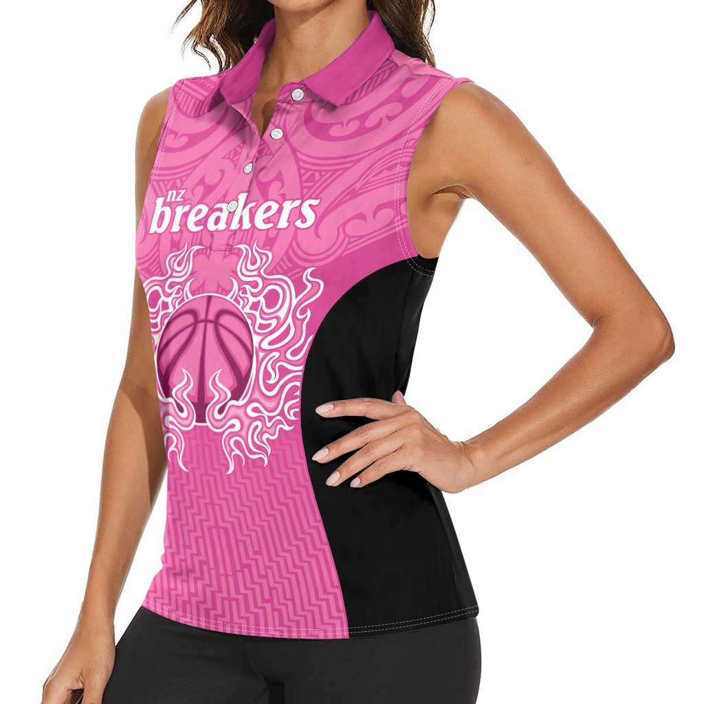 New Zealand Custom Women Sleeveless Polo Shirt Fire Basketball Maori Tribal Pink - Aussie Hoodie