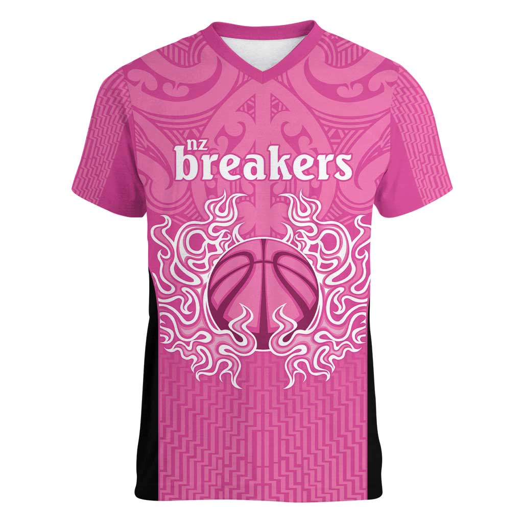 New Zealand Custom Women V-Neck T-Shirt Fire Basketball Maori Tribal Pink - Aussie Hoodie