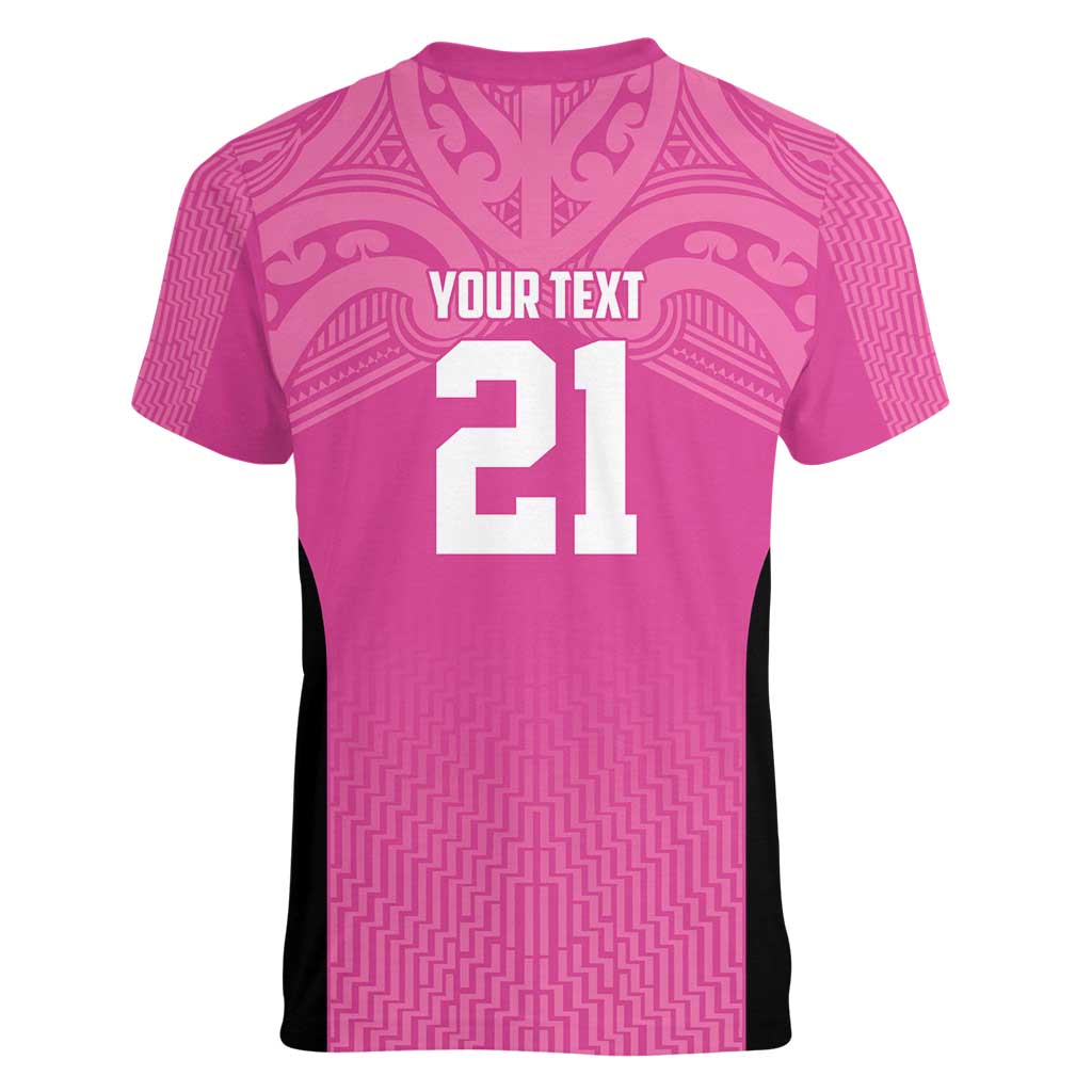 New Zealand Custom Women V-Neck T-Shirt Fire Basketball Maori Tribal Pink - Aussie Hoodie