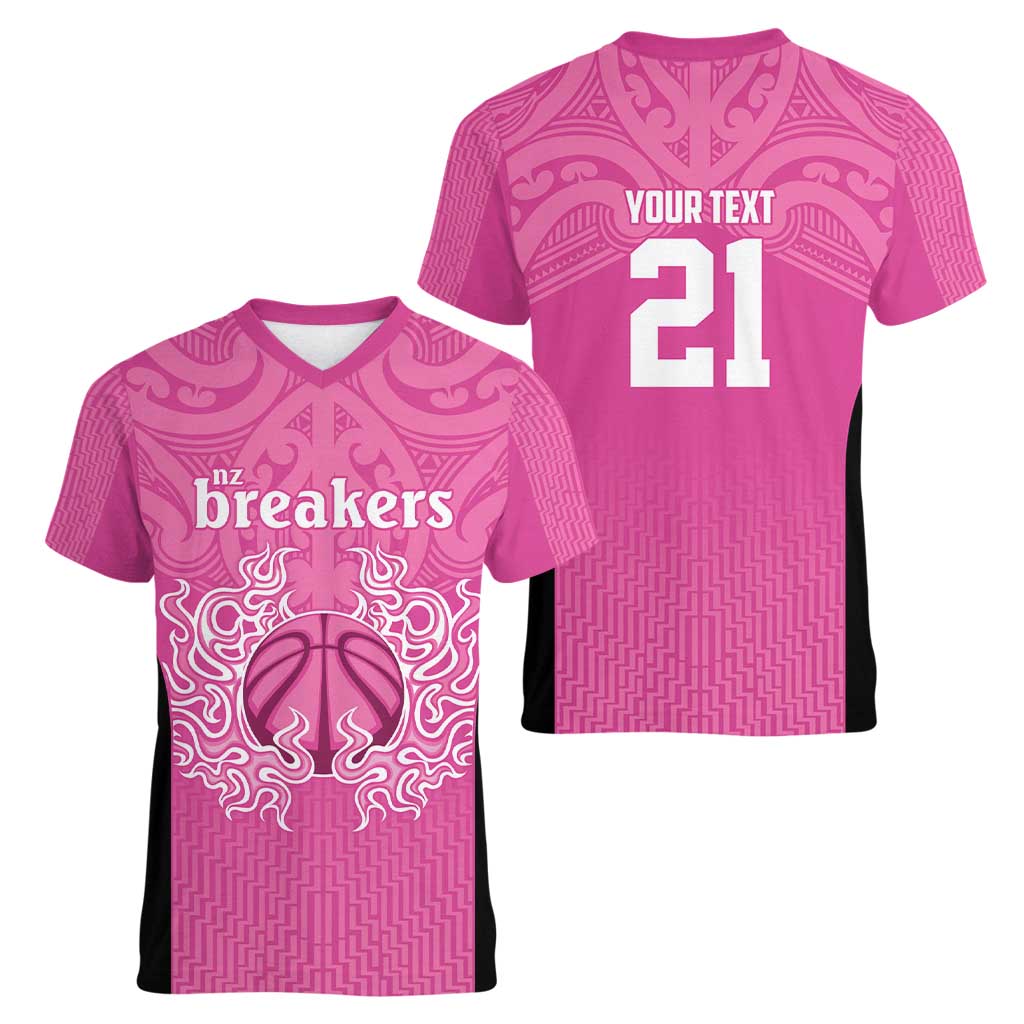 New Zealand Custom Women V-Neck T-Shirt Fire Basketball Maori Tribal Pink - Aussie Hoodie