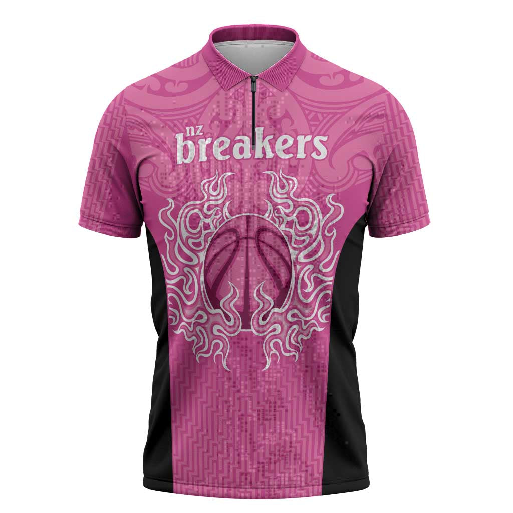 New Zealand Custom Zipper Polo Shirt Fire Basketball Maori Tribal Pink - Aussie Hoodie