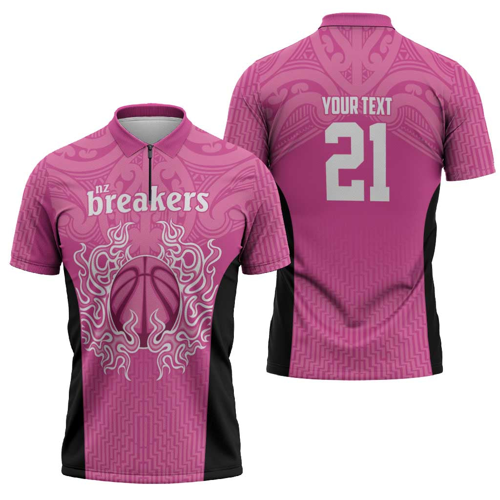 New Zealand Custom Zipper Polo Shirt Fire Basketball Maori Tribal Pink - Aussie Hoodie