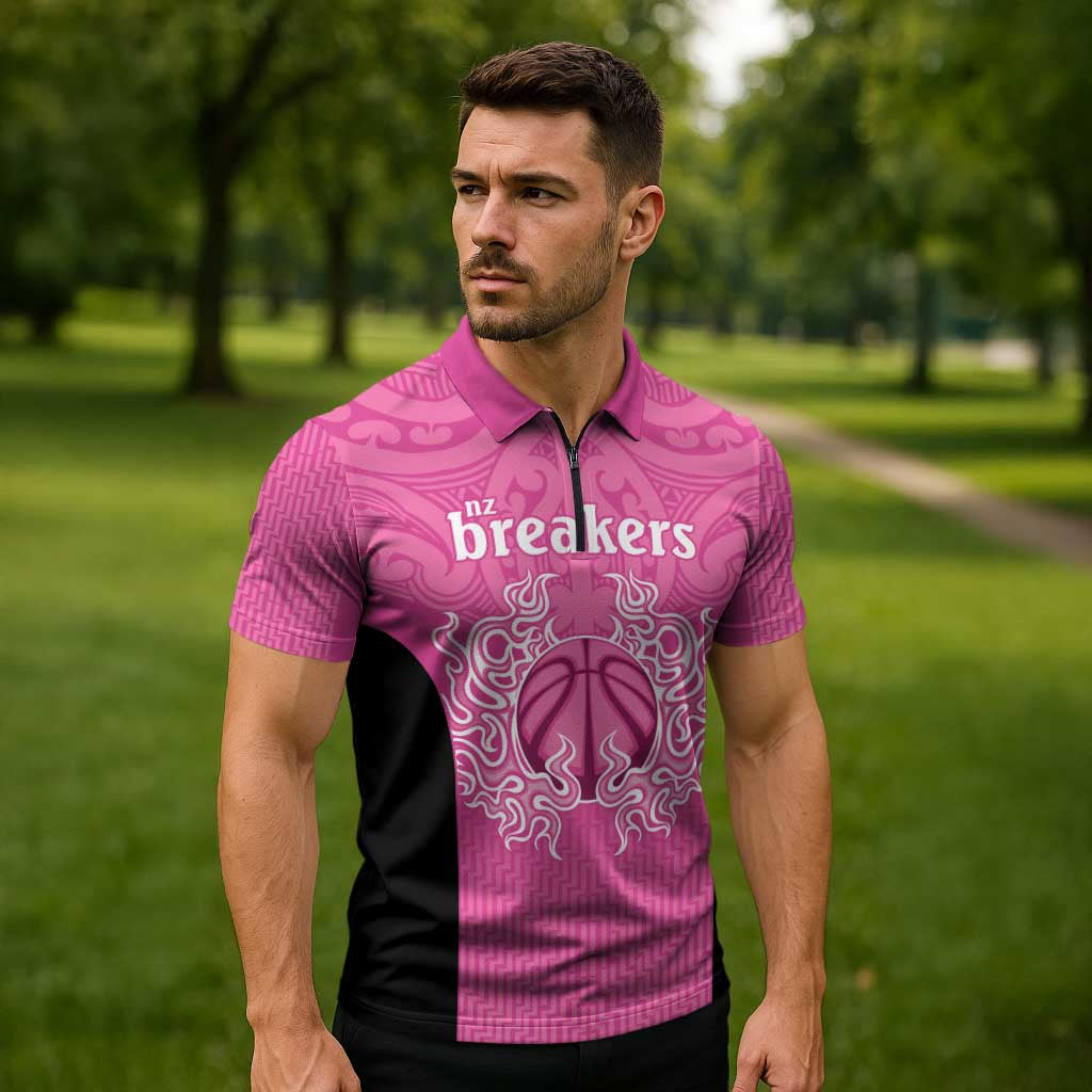New Zealand Custom Zipper Polo Shirt Fire Basketball Maori Tribal Pink - Aussie Hoodie