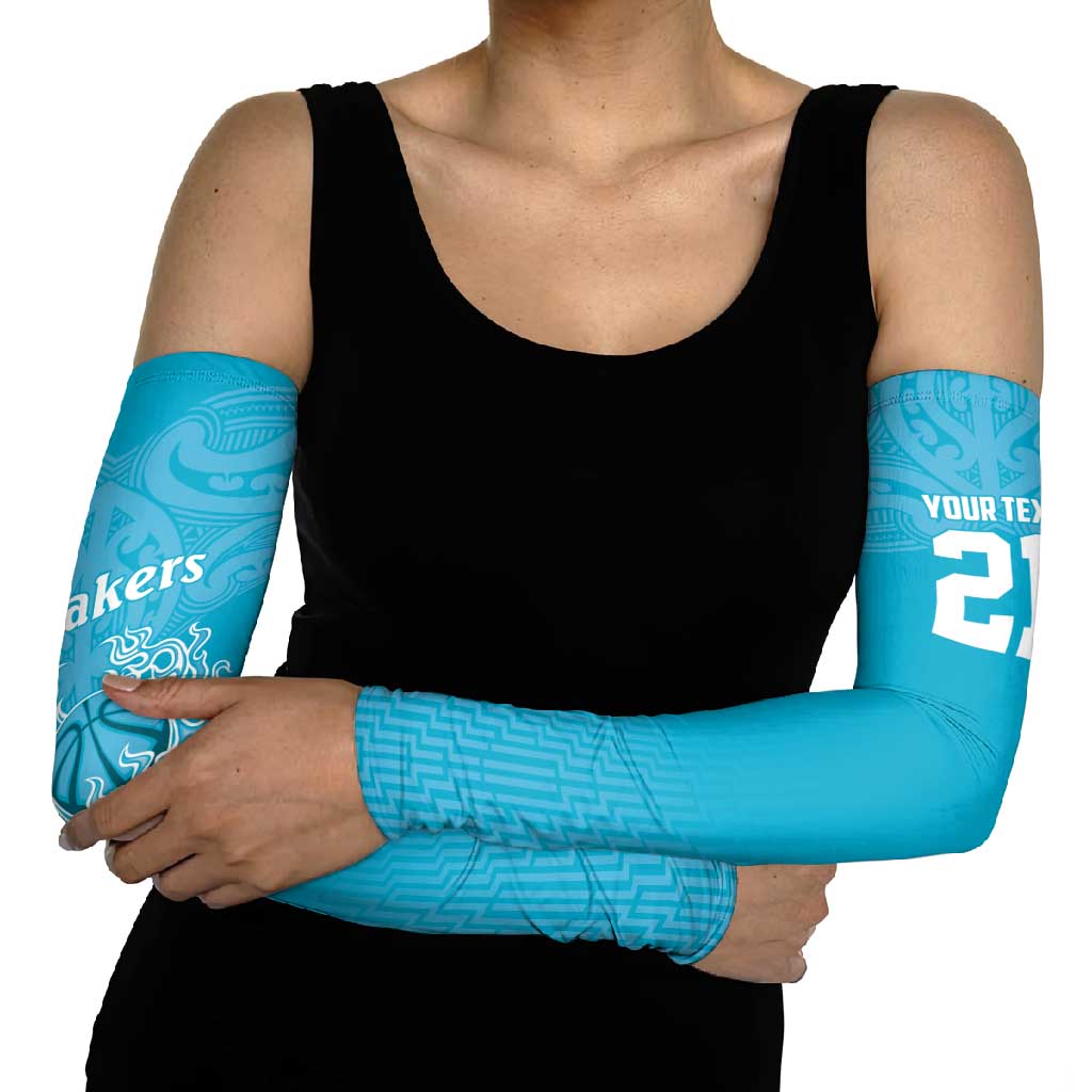New Zealand Custom Arm Sleeves Fire Basketball Maori Tribal Sky Blue - Aussie Hoodie