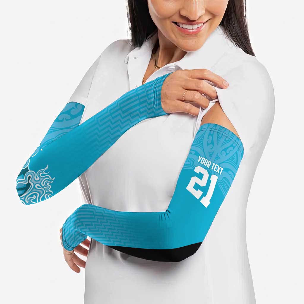 New Zealand Custom Arm Sleeves Fire Basketball Maori Tribal Sky Blue - Aussie Hoodie