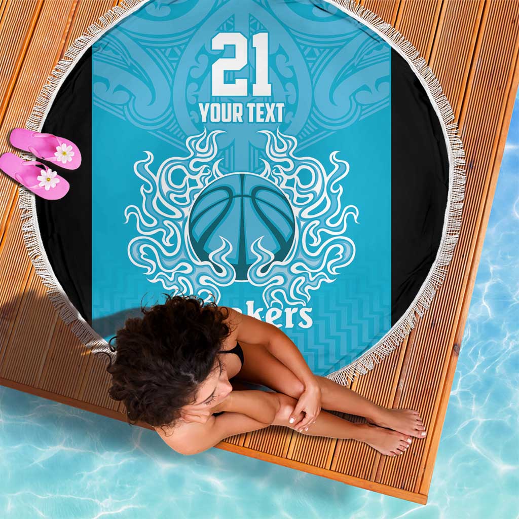 New Zealand Custom Beach Blanket Fire Basketball Maori Tribal Sky Blue - Aussie Hoodie