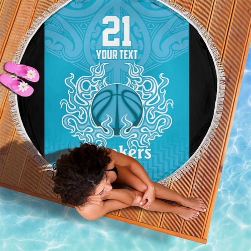 New Zealand Custom Beach Blanket Fire Basketball Maori Tribal Sky Blue - Aussie Hoodie