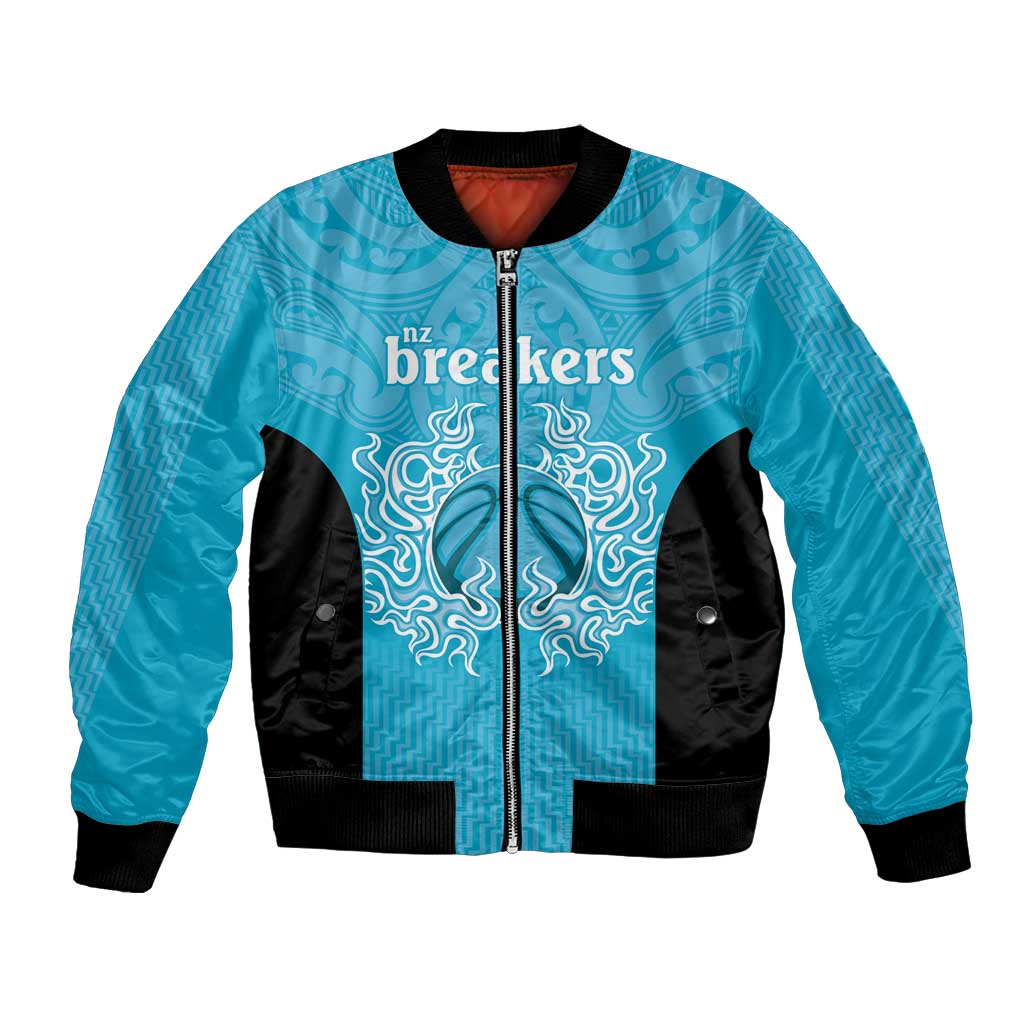 New Zealand Custom Bomber Jacket Fire Basketball Maori Tribal Sky Blue - Aussie Hoodie