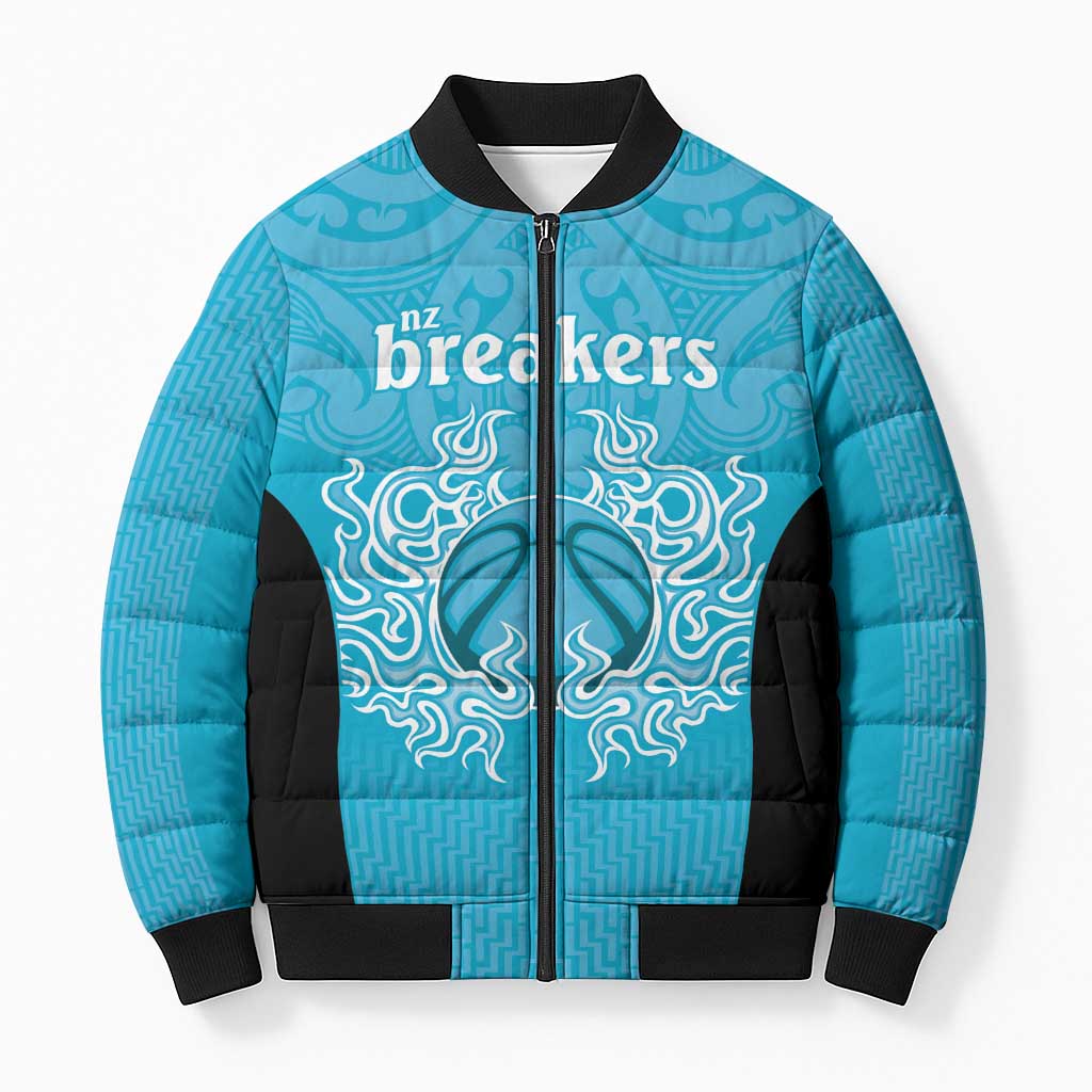 New Zealand Custom Bomber Puffer Jacket Fire Basketball Maori Tribal Sky Blue - Aussie Hoodie