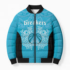 New Zealand Custom Bomber Puffer Jacket Fire Basketball Maori Tribal Sky Blue - Aussie Hoodie
