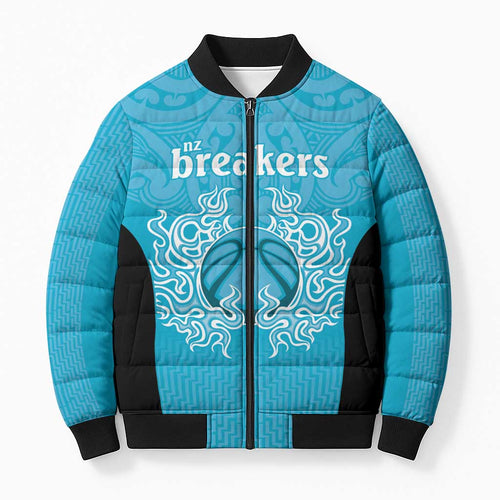 New Zealand Custom Bomber Puffer Jacket Fire Basketball Maori Tribal Sky Blue - Aussie Hoodie