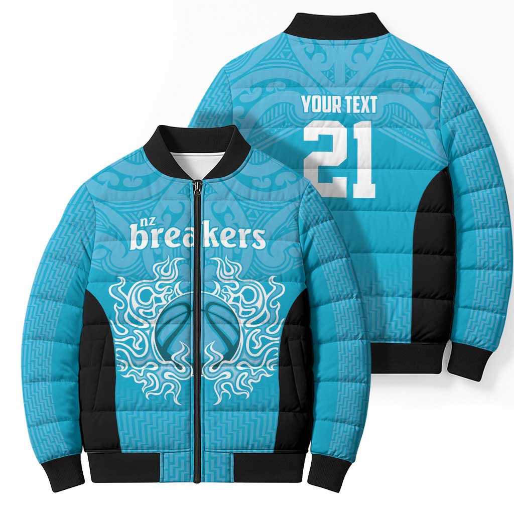 New Zealand Custom Bomber Puffer Jacket Fire Basketball Maori Tribal Sky Blue - Aussie Hoodie