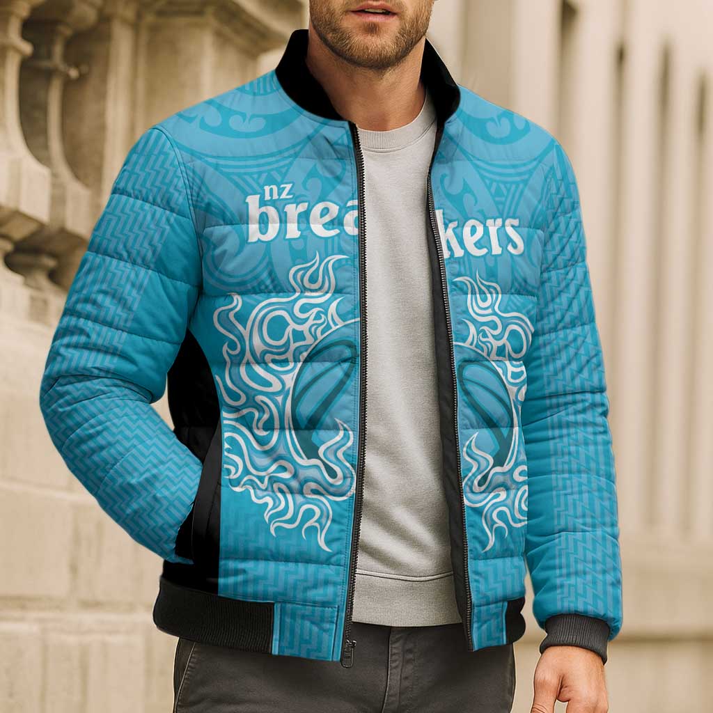 New Zealand Custom Bomber Puffer Jacket Fire Basketball Maori Tribal Sky Blue - Aussie Hoodie