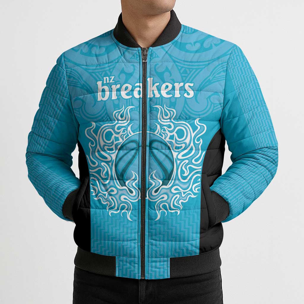 New Zealand Custom Bomber Puffer Jacket Fire Basketball Maori Tribal Sky Blue - Aussie Hoodie