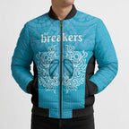New Zealand Custom Bomber Puffer Jacket Fire Basketball Maori Tribal Sky Blue - Aussie Hoodie