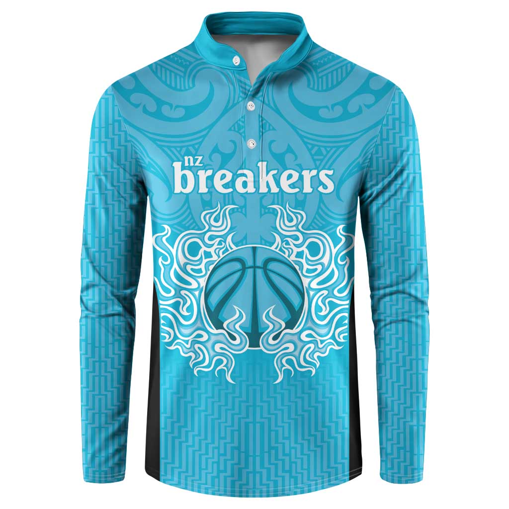 New Zealand Custom Button Sweatshirt Fire Basketball Maori Tribal Sky Blue - Aussie Hoodie