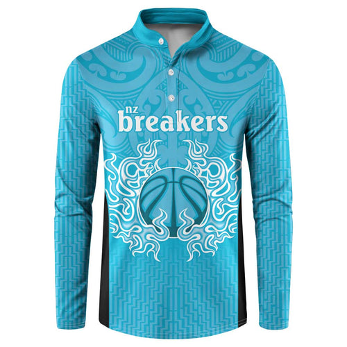 New Zealand Custom Button Sweatshirt Fire Basketball Maori Tribal Sky Blue - Aussie Hoodie