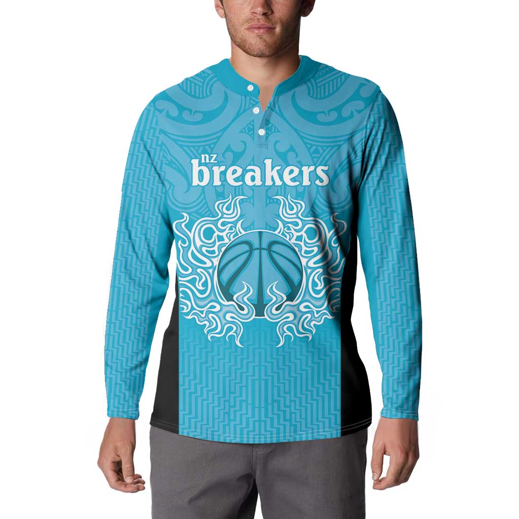New Zealand Custom Button Sweatshirt Fire Basketball Maori Tribal Sky Blue - Aussie Hoodie