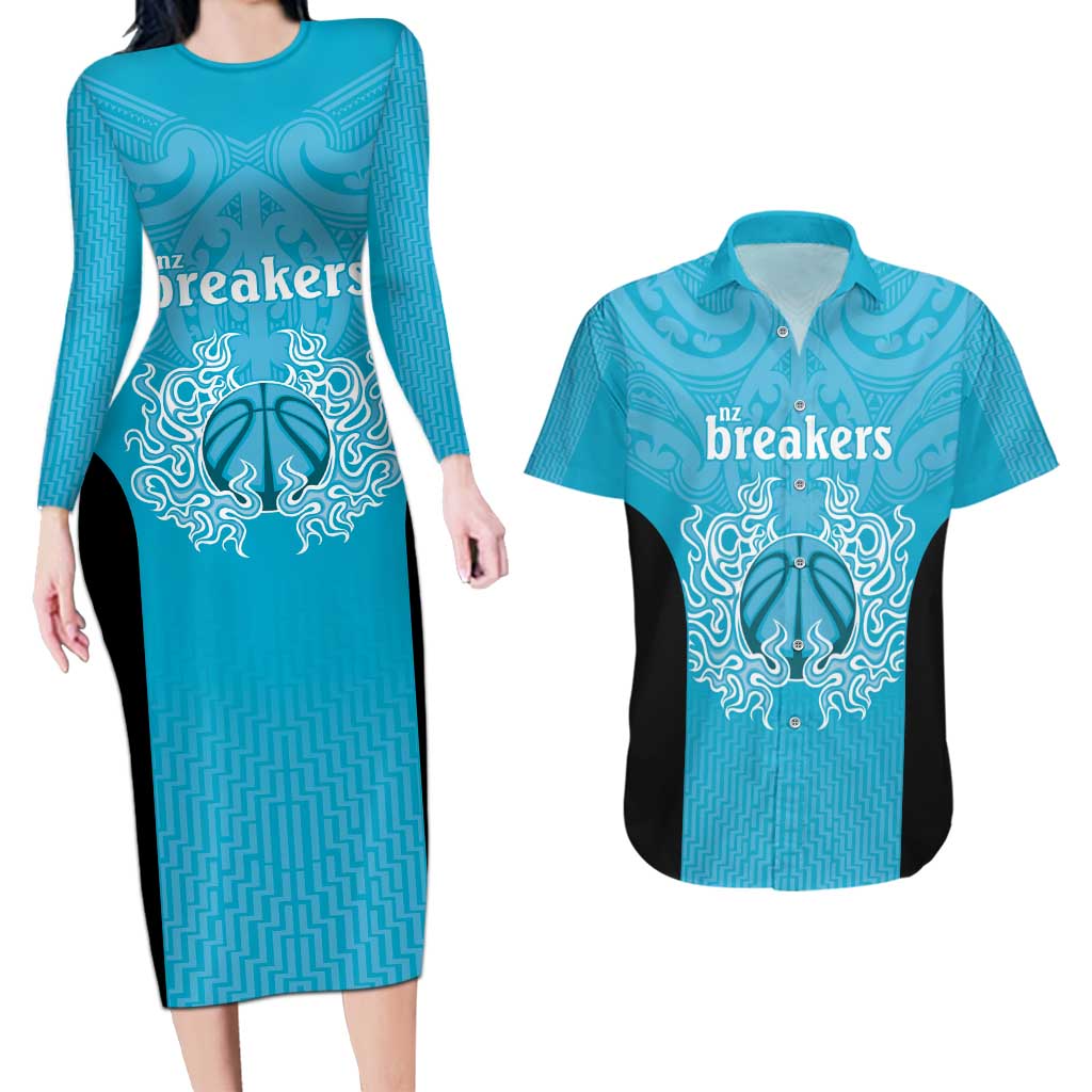 New Zealand Custom Couples Matching Long Sleeve Bodycon Dress and Hawaiian Shirt Fire Basketball Maori Tribal Sky Blue - Aussie Hoodie