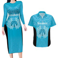 New Zealand Custom Couples Matching Long Sleeve Bodycon Dress and Hawaiian Shirt Fire Basketball Maori Tribal Sky Blue - Aussie Hoodie